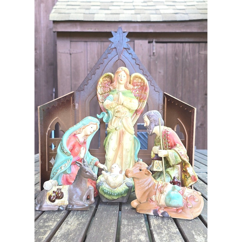 Elements Holiday 9-Piece Resin Nativity Scene Set with Folding Wood Creche